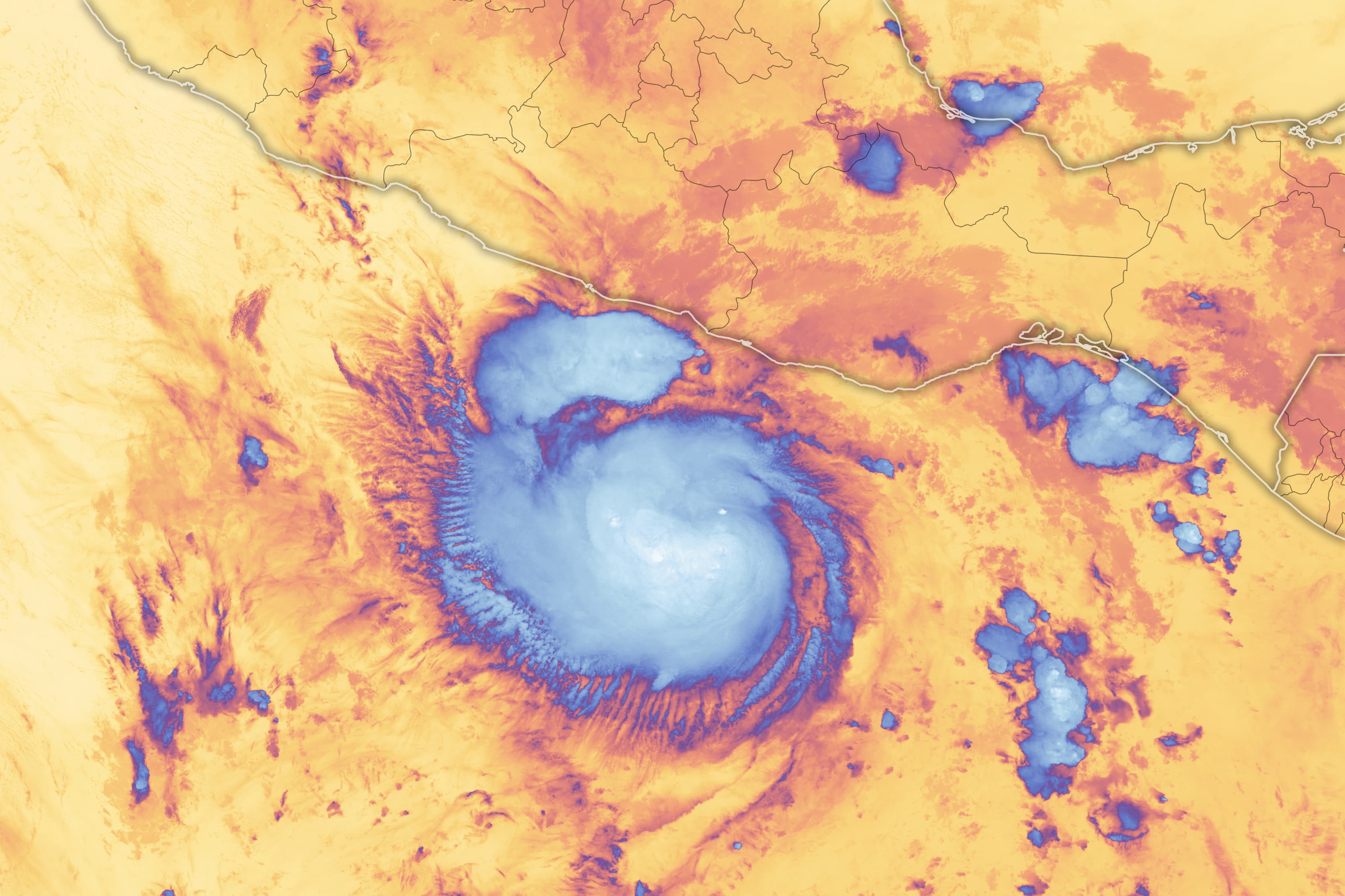 False-color NOAA-20 image of Otis on Oct 24, 2023, while it was still a tropical storm before its rapid strengthening.