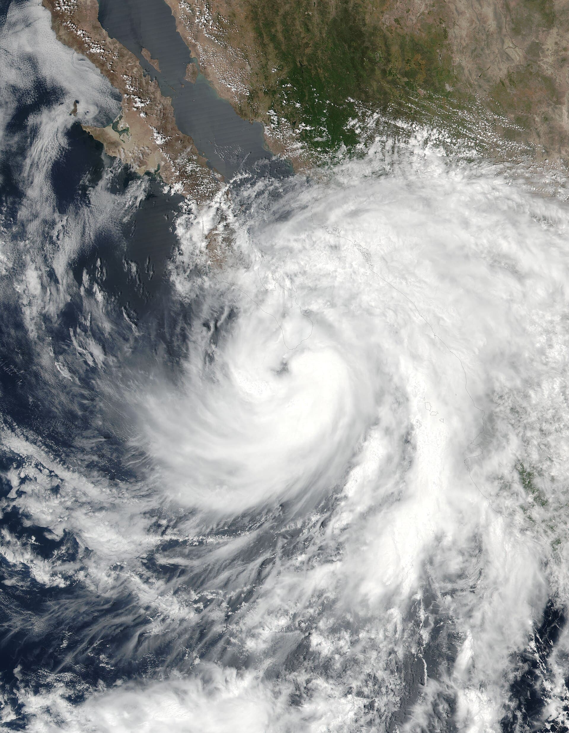 Satellite image of Tropical Storm Lidia over western México and Baja California Sur in August 2017.