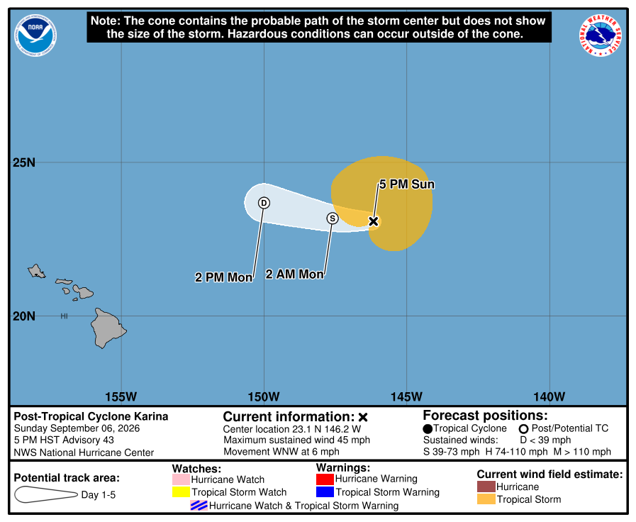Official National Hurricane Center final forecast cone and track for Karina.