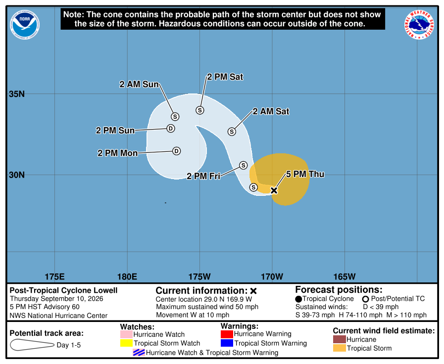Official National Hurricane Center final forecast cone and track for Lowell.