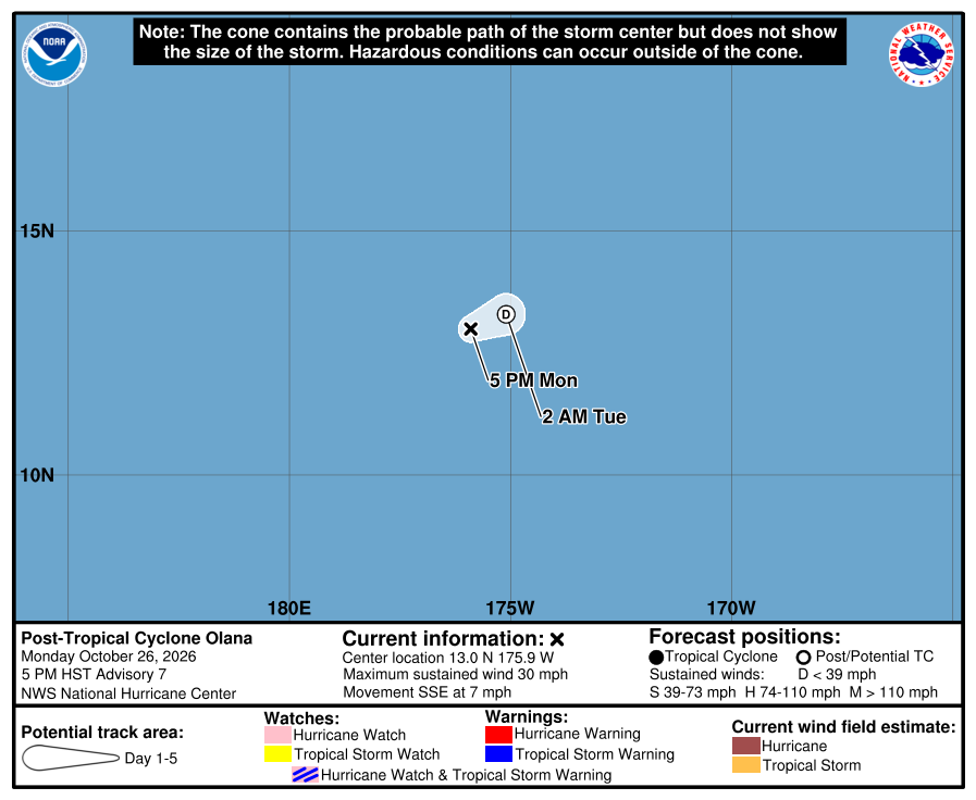 Official National Hurricane Center final forecast cone and track for Olana.