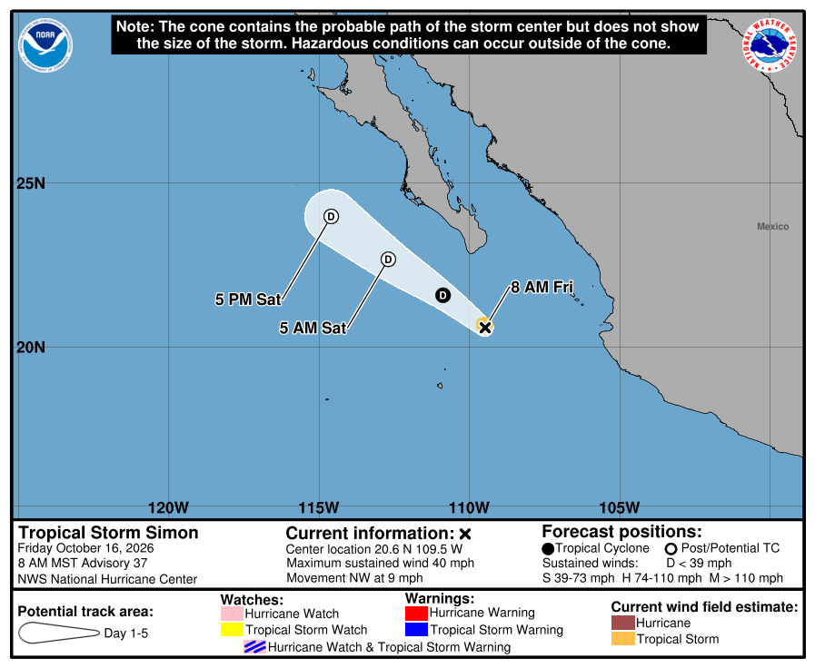 Official National Hurricane Center final forecast cone and track for Simon.