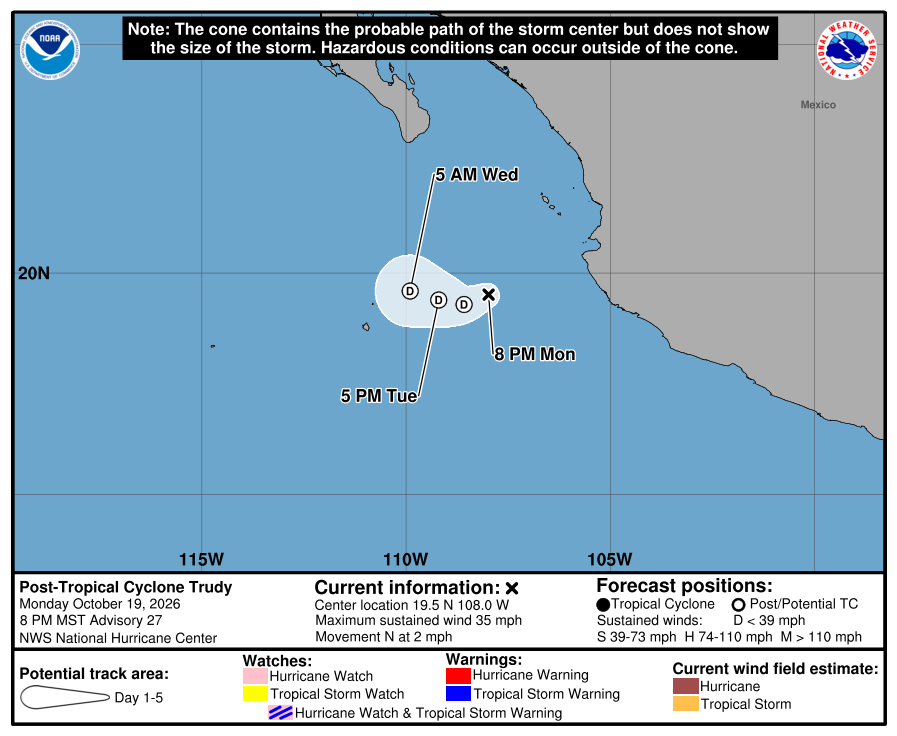 Official National Hurricane Center final forecast cone and track for Trudy.