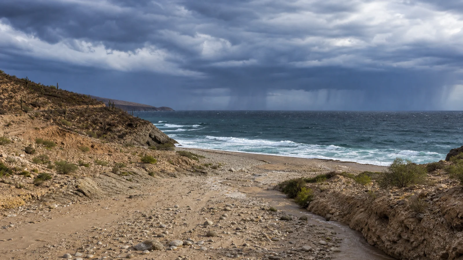 Rain falls offshore beyond a rough Baja coast while runoff flows through a desert arroyo toward the sea.