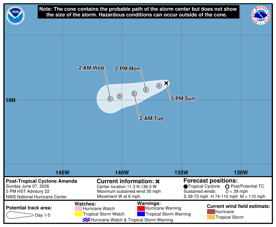 Official National Hurricane Center 5-day forecast cone and track for Post-Tropical Cyclone Amanda, final advisory.