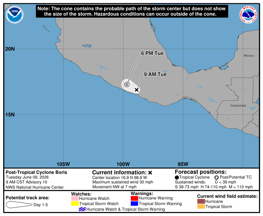 Official National Hurricane Center 5-day forecast cone and track for Post-Tropical Cyclone Boris, final advisory.