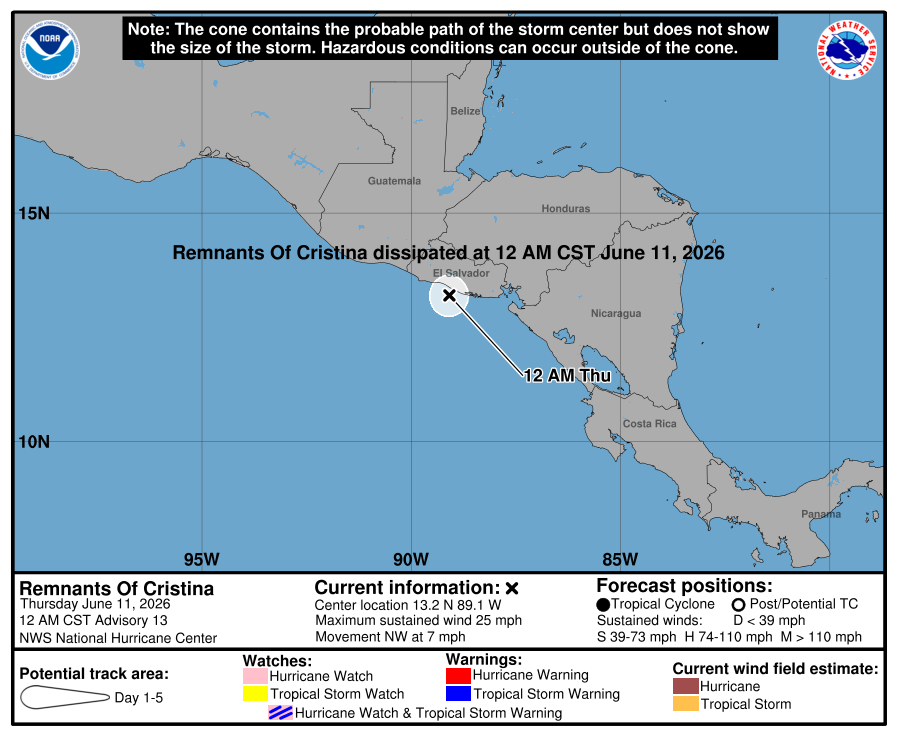 Official National Hurricane Center 5-day forecast track for the remnants of Cristina, final advisory.