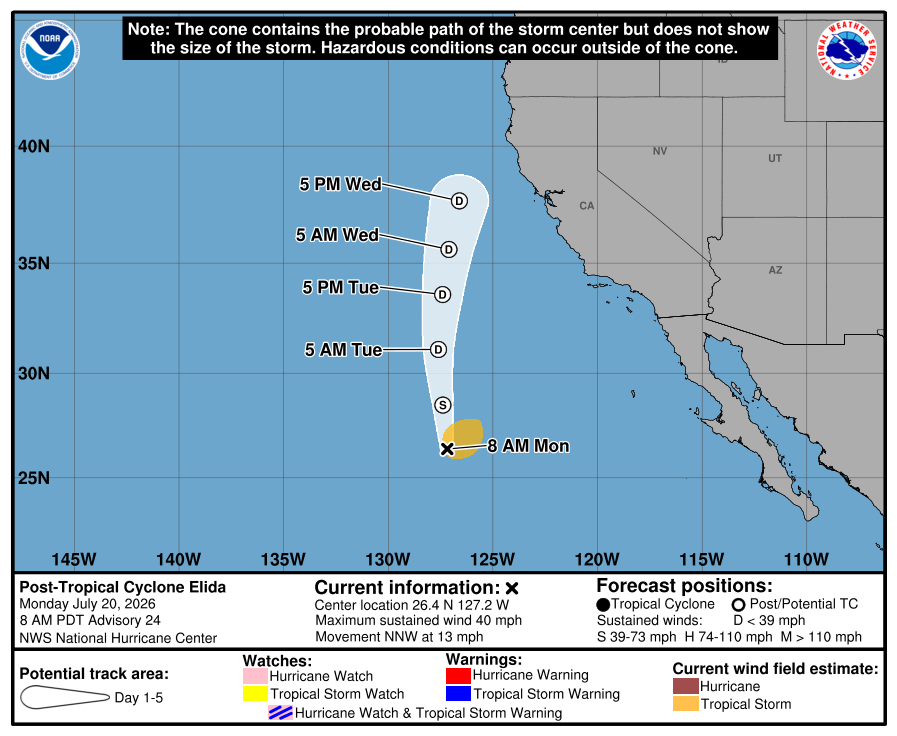 Official National Hurricane Center 5-day forecast cone and track for Post-Tropical Cyclone Elida, final advisory.